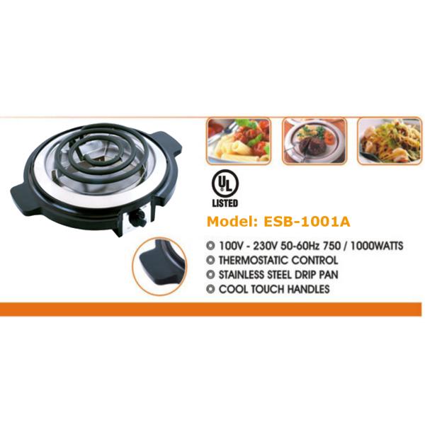 ESB-1001A 750/1000 Watt Cheap Compact Single Buffet Burner Electric Hot Plate, Black, UL approved, Back to school item