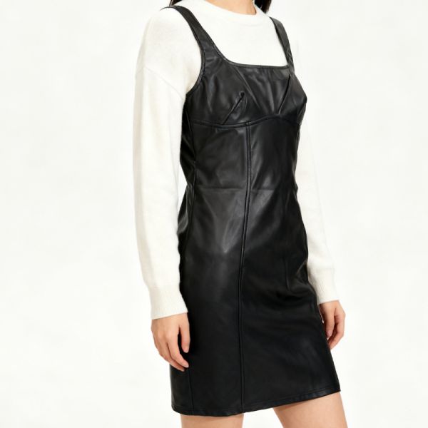 Glamorous Faux Leather Bodycon Midi Dress - Square Neck & Wide Straps for Effortless Style (Black)