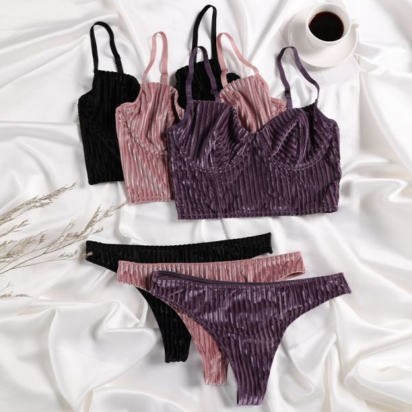 Thong Lingerie Set S-xl Plus Size Sexy Velvet Underwire Underwear Set Ladies Threaded Push up Gathered Adjustable Bra
