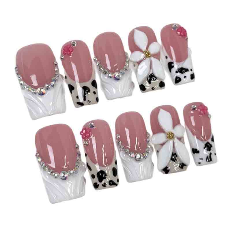 Reusable Art Handmade Press On Nails Almond Cat Eye Silver 3D Flower Design