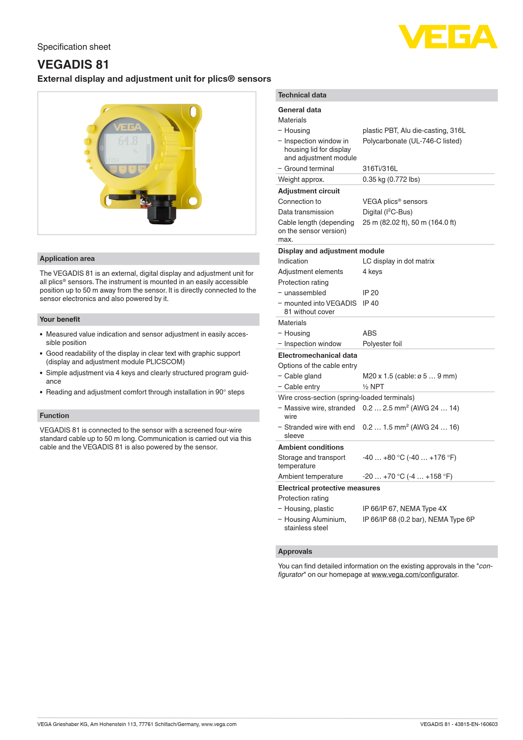 VEGADIS 81 VEGA External Display And Adjustment Unit For Plics® Sensors