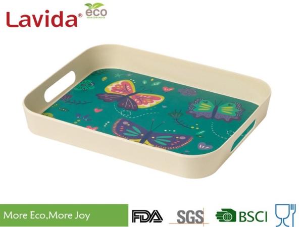 Nature Garden Butterly Prints Eco-friendly Biodegradable Bamboo Fiber Tray Melamine Food Drink Serving Tray with handles