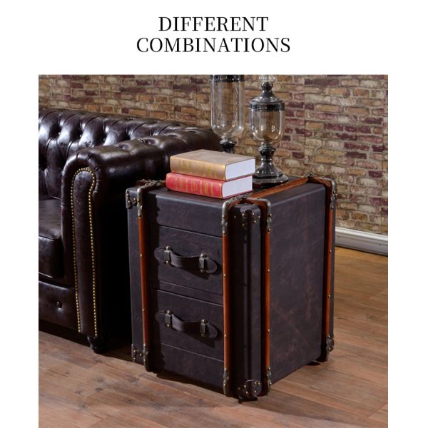 Nidea #8507 Classic Vintage Handmade Leather Trunk Cabinet Portable Storage Bedside Table with 2 Drawers for Living Room Furniture