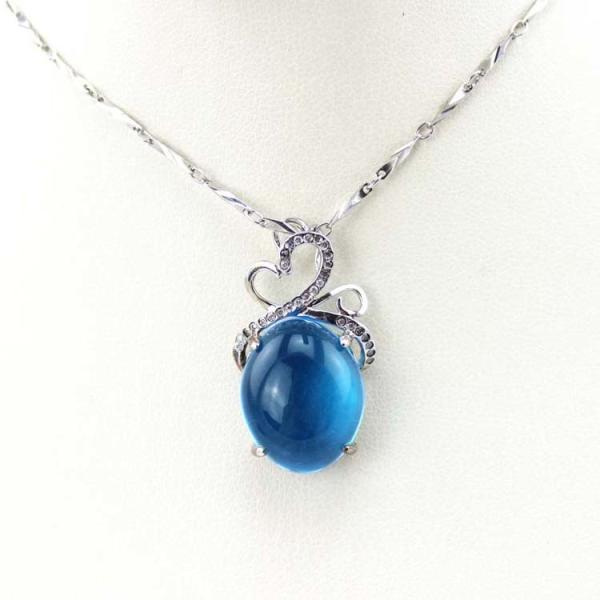 Sterling Silver Oval Created BlueTopaz Dome Cubic Zircon Gemstone Pendant  Silver Chain(PSJ0343)