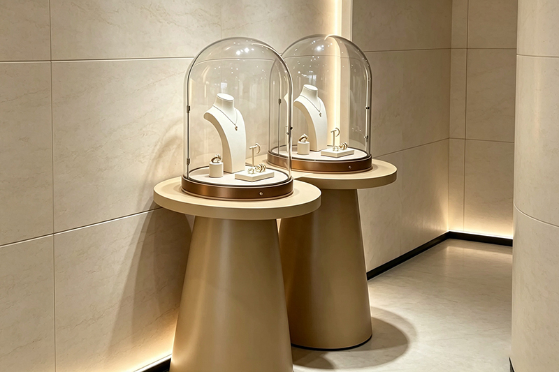 Dome Glass Jewelry Display Showcase with 360° Unobstructed Viewing LED Spotlights and Lockable Storage
