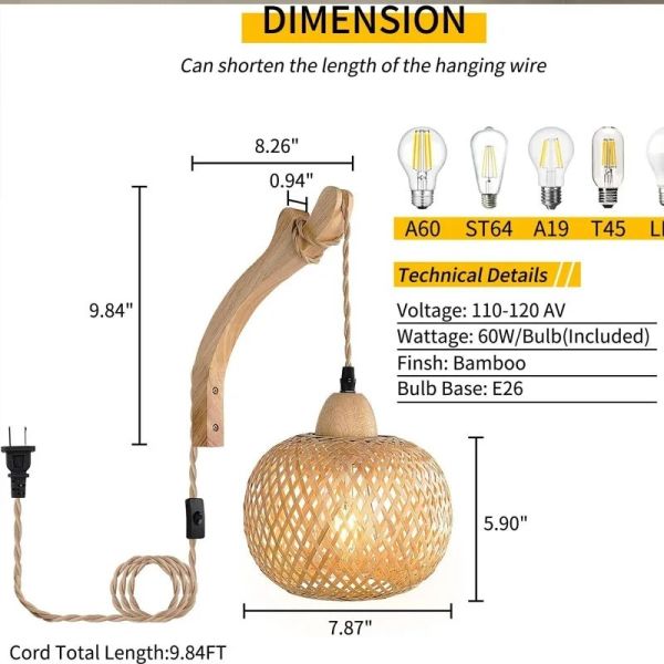 Natural Rattan Wicker Hand-Woven  Bamboo Lantern Wall Lamp with plug  (WH-VR-136)