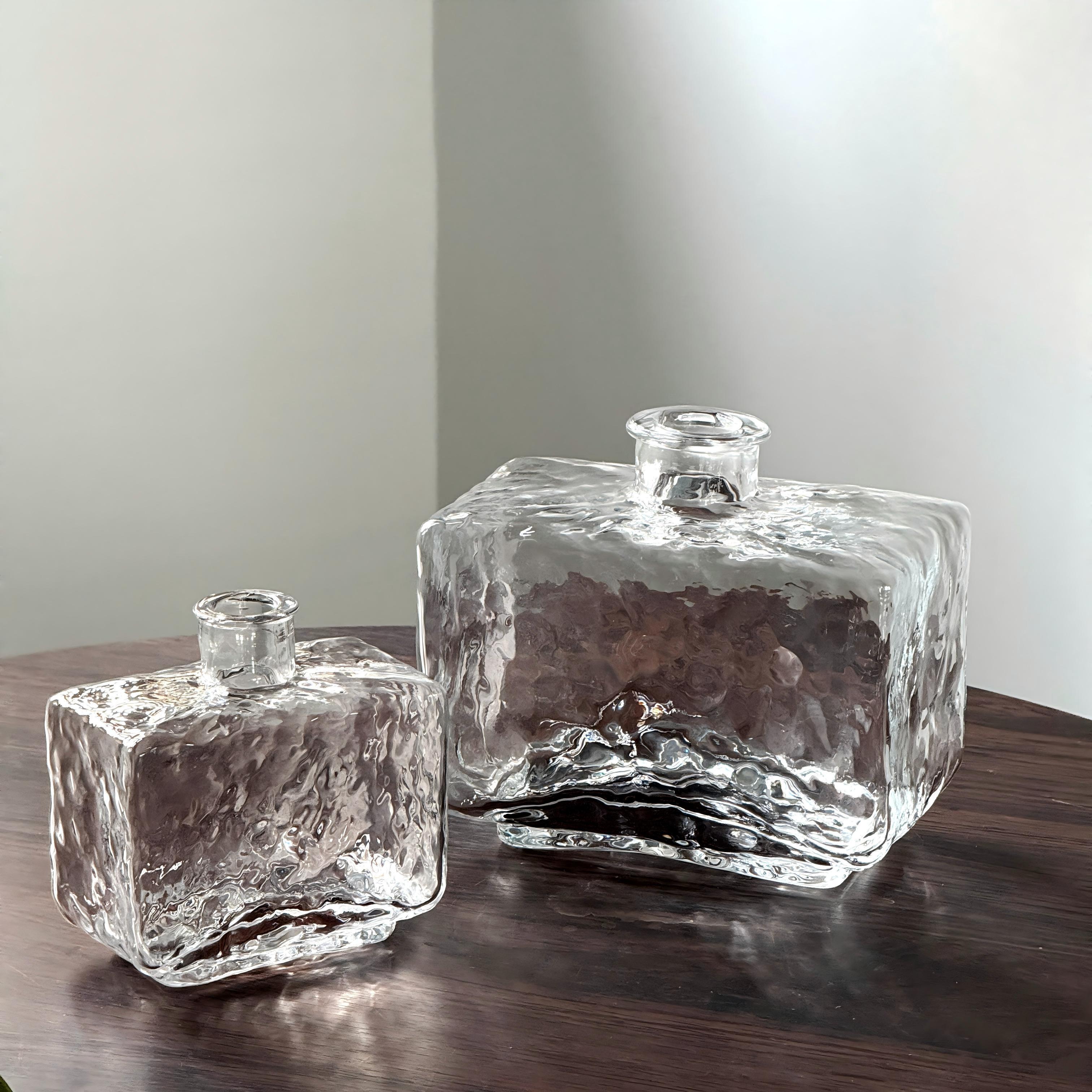 Rectangular Clear Hammered Glass Vase - Modern Minimalist Decorative Flower Vase for Table Centerpiece