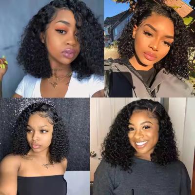 Natural Black Short Cut Bob Kinky Curly 13X4 Deep Lace Front Wig Preplucked Glueless