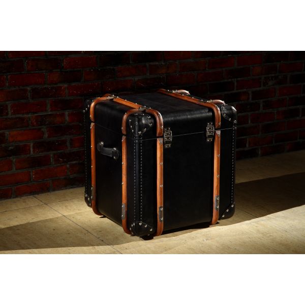 Black Full Genuine Leather Storage Trunk Lifted Cover With Solid Wood Bar