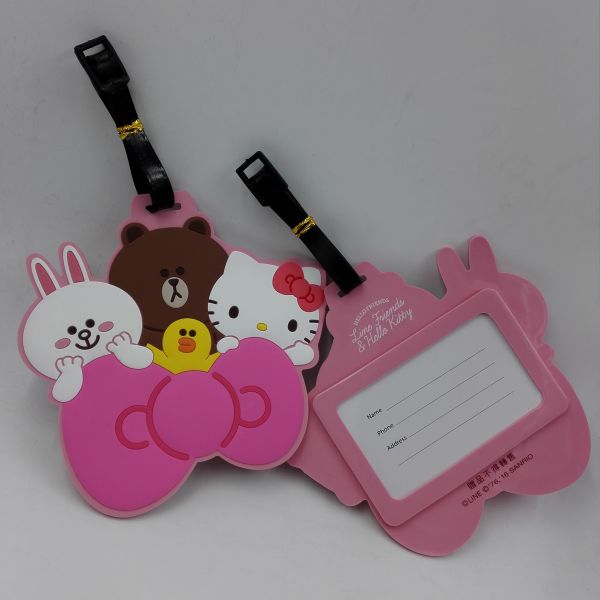 Pink Hello Kitty Friends Rubber PVC Luggage Tags Suitcase Luggage Tags With Black Plastic Rope, Accept OEM 2D Or 3D
