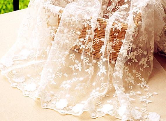 Tela de nylon bordada do laço da malha da flor branca, tela nupcial do laço do vestido do casamento