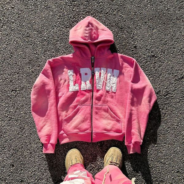 Custom Oversized 500gsm Acid Washed Zip Up Distressed Letter Patchwork Embroidery Hoodies
