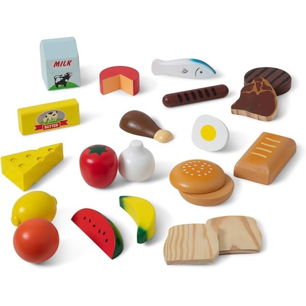 Wooden Children Pretend Role-Playing Food Sets 21 Pieces and 4 Crates Pine Wood Color