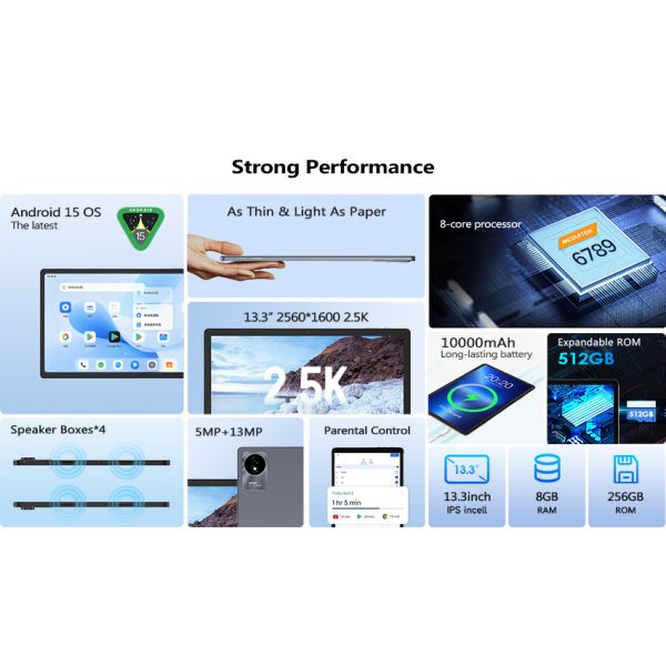 Kinstone 13.3 inch Andriod 15 Tablet PC 10000mAh, 4G Calling Tablet, 6GB+128GB