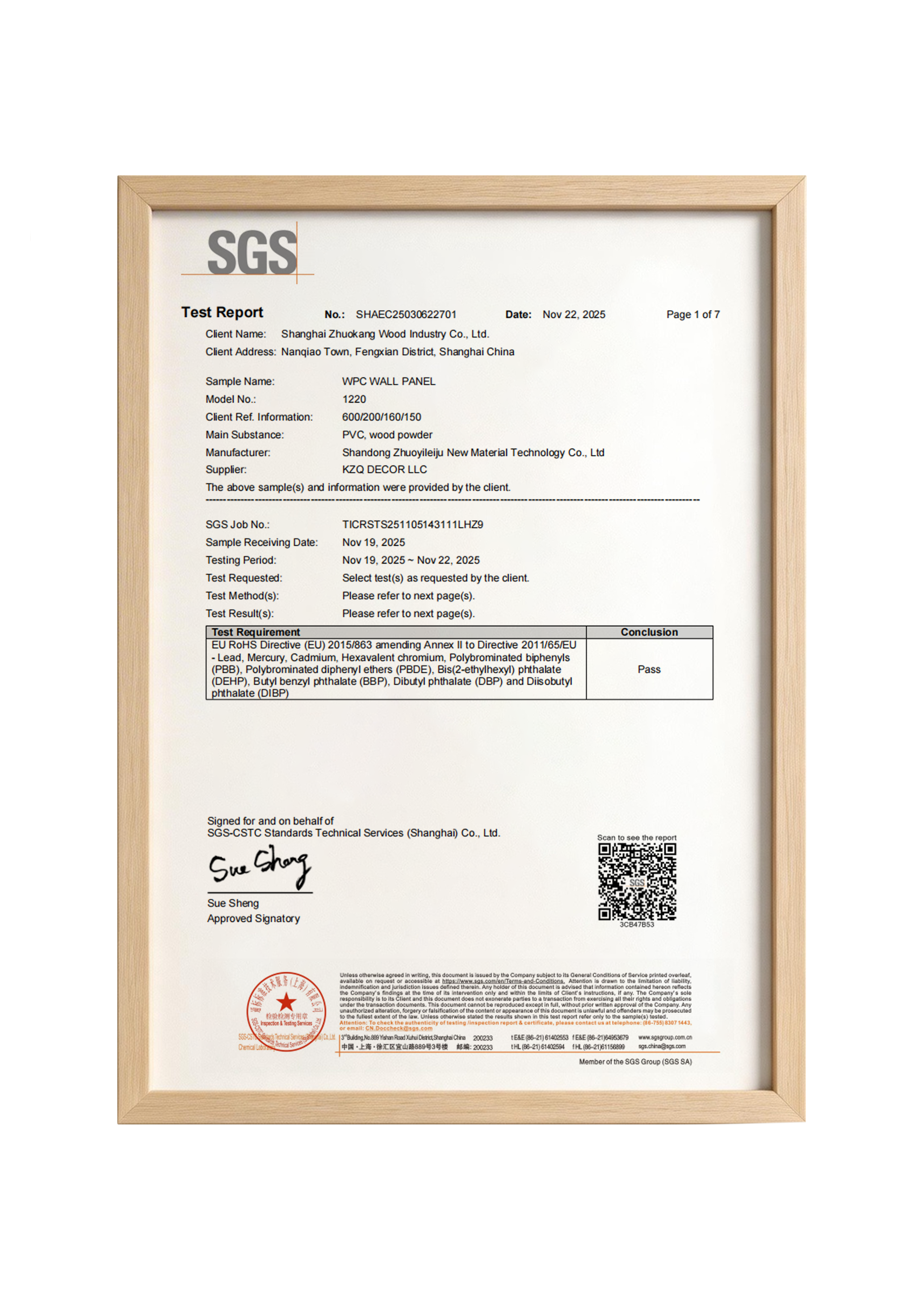 Shanghai Zhuokang Wood Industry Co., Ltd. Certifications
