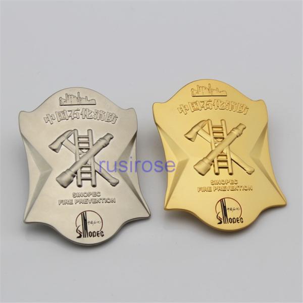 Fire safety reward badge made to order, matte gold metal badges made to order, fire brigade badges