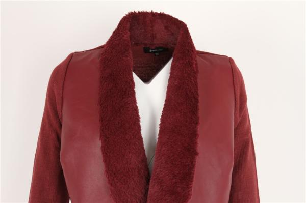 Fur Lining PU Splicing Ladies Sweater Cardigan Wine Color In Stock