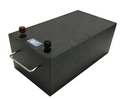 48V 100Ah Black Metal Enclosure LiFePO4 Lithium Iron Phosphate Battery Pack, Dual Copper Terminal Studs LCD Voltage Capacity Display, Side Foldable Handle Built-in BMS Deep Cycle Battery