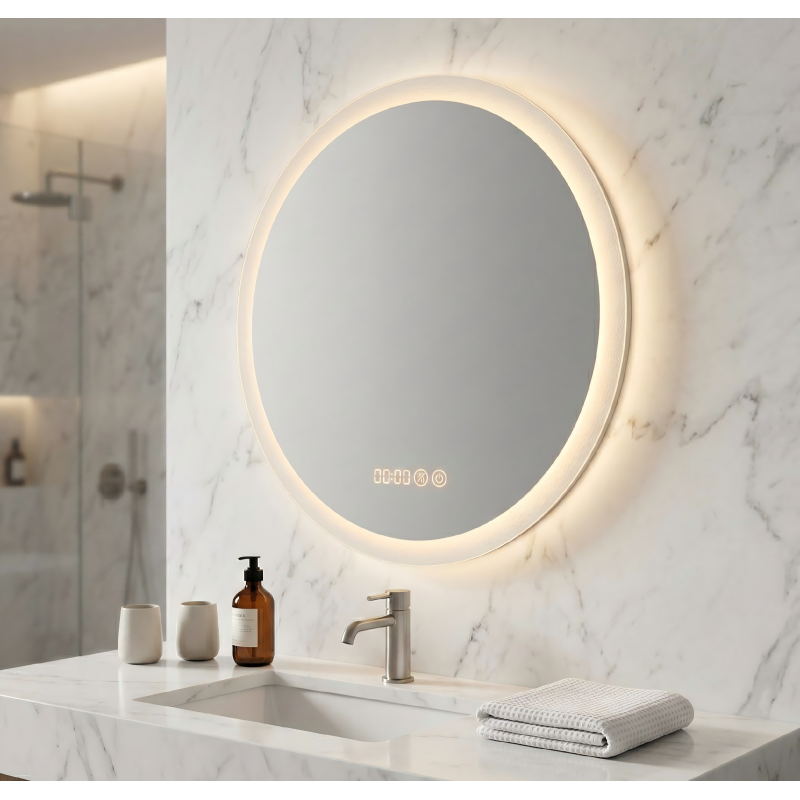 Kingstin Smart Round LED Bathroom Mirror Anti-Fog Dimmable 3-Color Light Frameless Vanity Wall Mirror