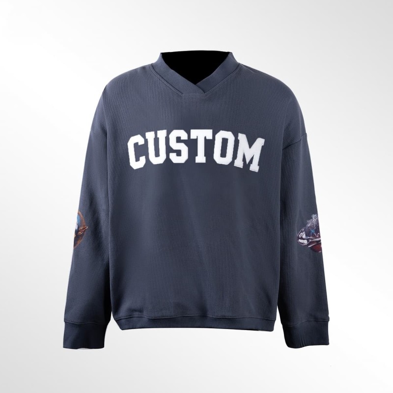 Custom Silk Print Acid Wash Oversized V Neck Sweatshirt Streetwear 