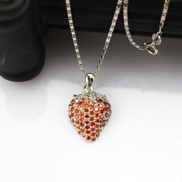 925 Sterling Silver Created Garnet Strawberry Pendant Necklace (P31)