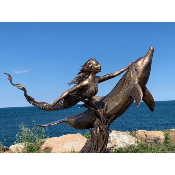 Décor d'art en métal extérieur Sculpture de sirène grandeur nature en bronze et cuivre