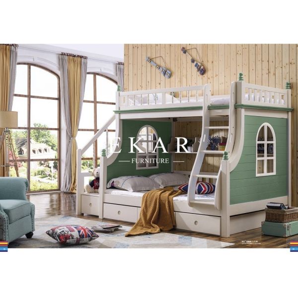 Double bed with guardrail Double-deck Green Children Bed