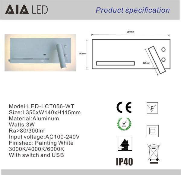 Mobile wireless charging wall mounted usb reading light/Interior reading wall light headboard reading light for villa
