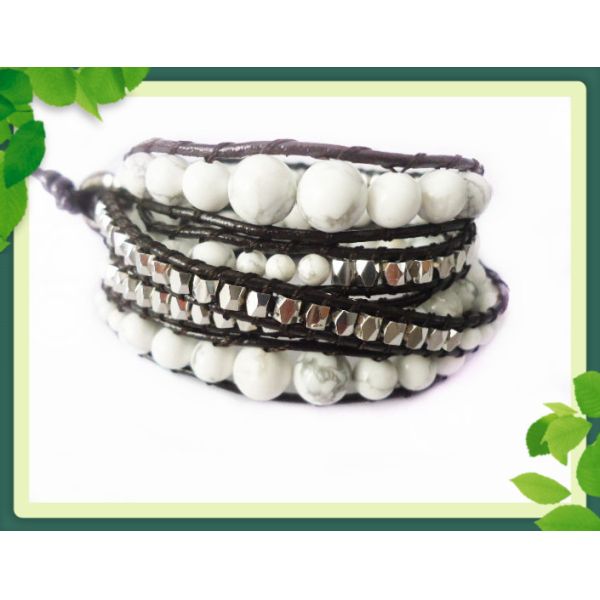 82cm Semi Gemstone Leather Wrap Bracelets / White Howlite wrap bracelet bangle