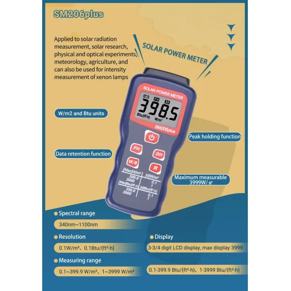SM206 PLUS Solar Power Meter Multi Functional with 3-3/4 LCD Display
