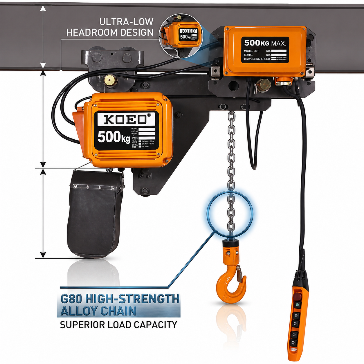 G80 Chain Small Electric Hoists 380V Ultra Low Headroom IP55 Motor Space Saving