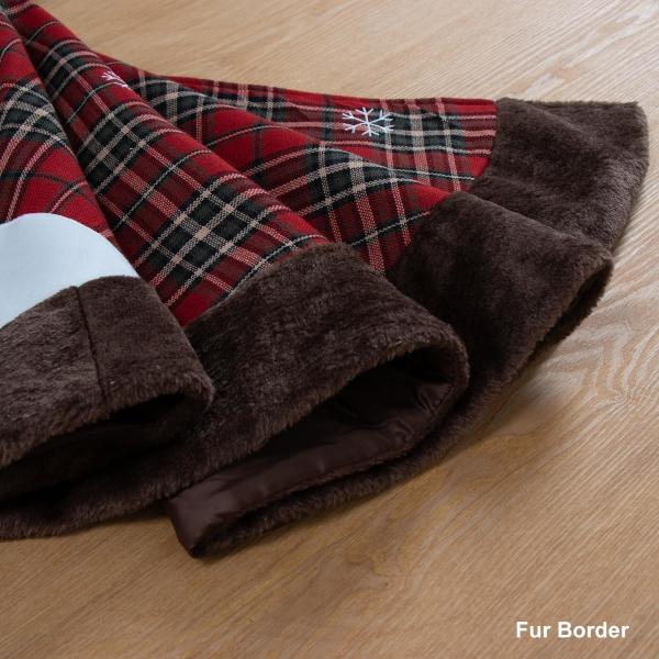Christmas Tree Skirt, 32 Inches Plaid Tree Skirt with Reindeer, Borwn Faux Fur Border Trim for Xmas Holiday Party Decor