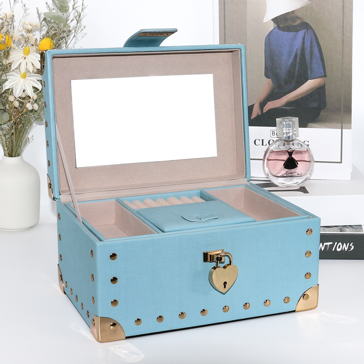 PU Leather Luxury Jewelry Storage Box Pink Blue 225x155x130mm Travel Jewellery Box