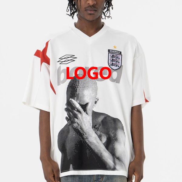 Customized Men's American Retro Fashion Brand V-Neck Short Sleeved T-shirt Knitted Patchwork Jersey Style Contrasting Colors