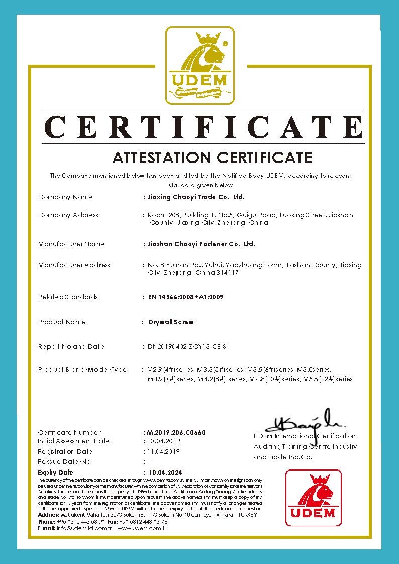 Jiashan Chaoyi Fastener. Co,LTD Сертификации