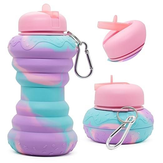 Bottle de água plegavel de donut para crianças 19oz BPA livre de garrafas de água de silicone Rainbow à prova de vazamento para estudantes