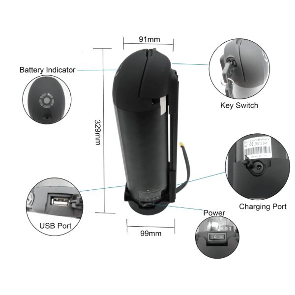 Li Ion Black Downtube Water Bottle Ebike Battery Pack With Usb Port Use Samsung Cell for electric bike