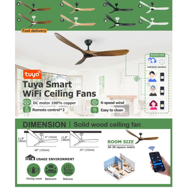Ventilador de teto de 60 polegadas de madeira maciça com controle remoto e cores multicoloridas