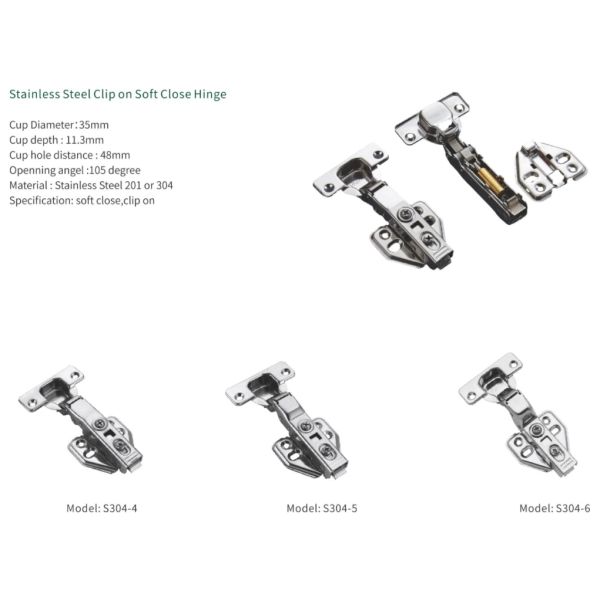 S304-4 Stainless Steel Clip On Damping Hinge Soft Closing