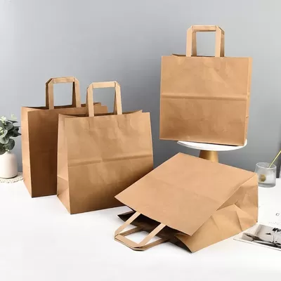Custom Logo Brown Kraft Paper Bags Cheap Flat Handle Bags With Sticker Seal For Crafts & Retail Packaging