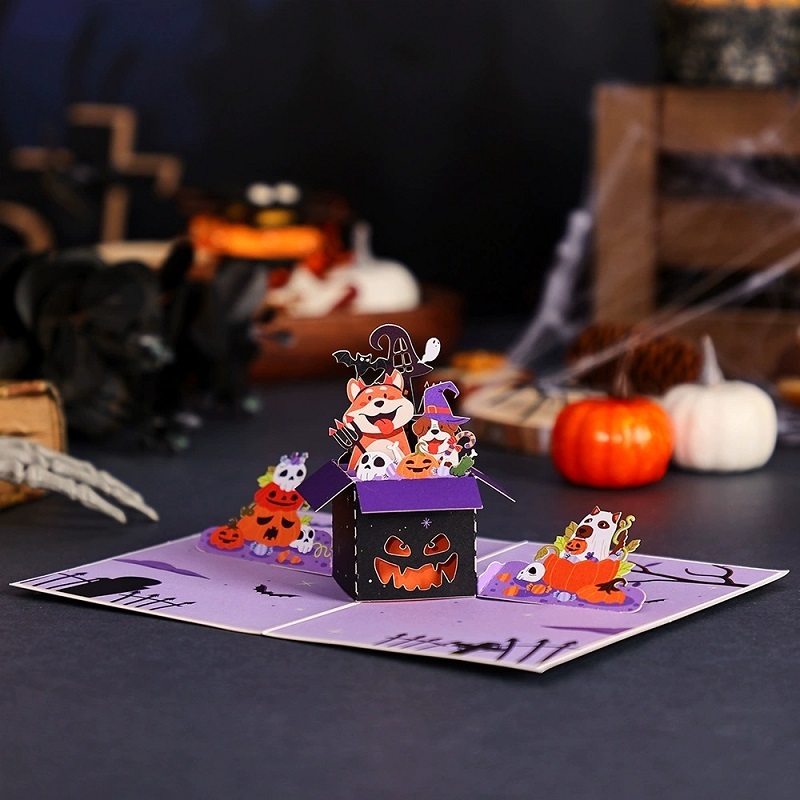Halloween 3D Pop Up Greeting Card With Cute Dogs And Pumpkin Box Design