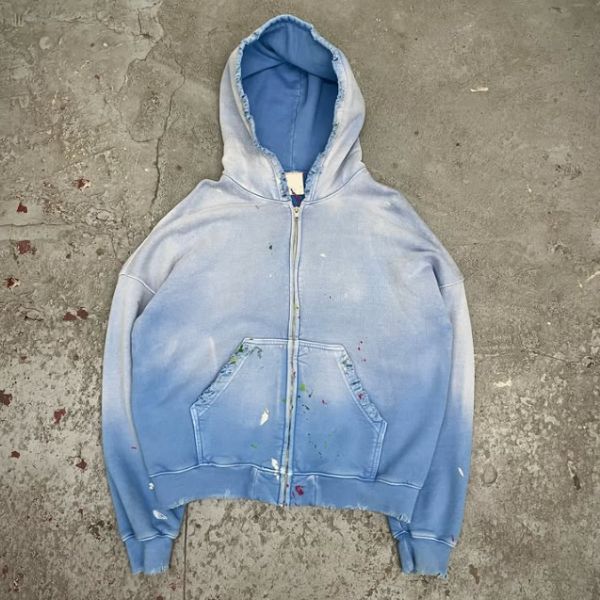 Custom Washed Sun Faded Distressed Mens Cropped Cotton Terry Heavyweight 420 Gsm Zip Up Rivet Studded Rhinestone Hoodie