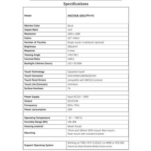 1920 x 1080 27 Inch Capacitive Touch Gaming Monitor with Side Edge LED Bezel and High Resolution