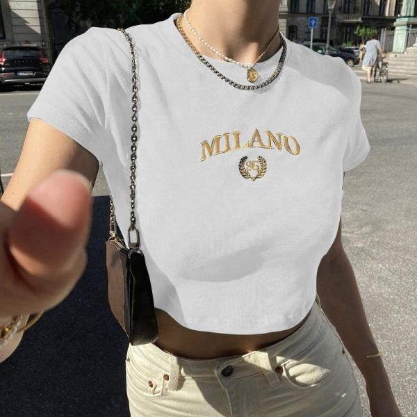 2024 Custom Embroidery Letter Logo Crop Top Baby Tees Mulheres Y2k Tight Tshirt