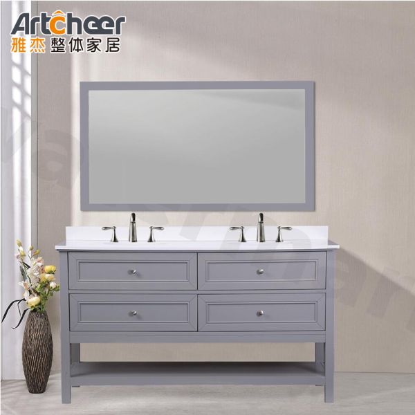 Solid Wood Legs Bathroom Vanity Cabinet with Double Sink and 4 Drawers in Modern Design