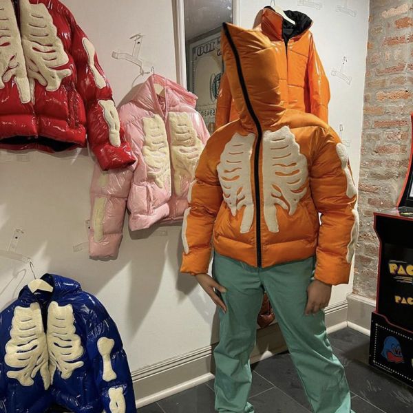 OEM Unisex Zip Up Hoodie Esqueleto personalizado bordado con cheniles Logotipo Puff Jacket a prueba de agua a prueba de viento burbuja con cierre completo chaqueta hombre