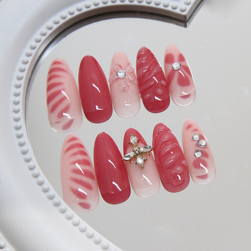 24pcs 3D Effect Rhinestone Press On Nails Almond Flower False Nails