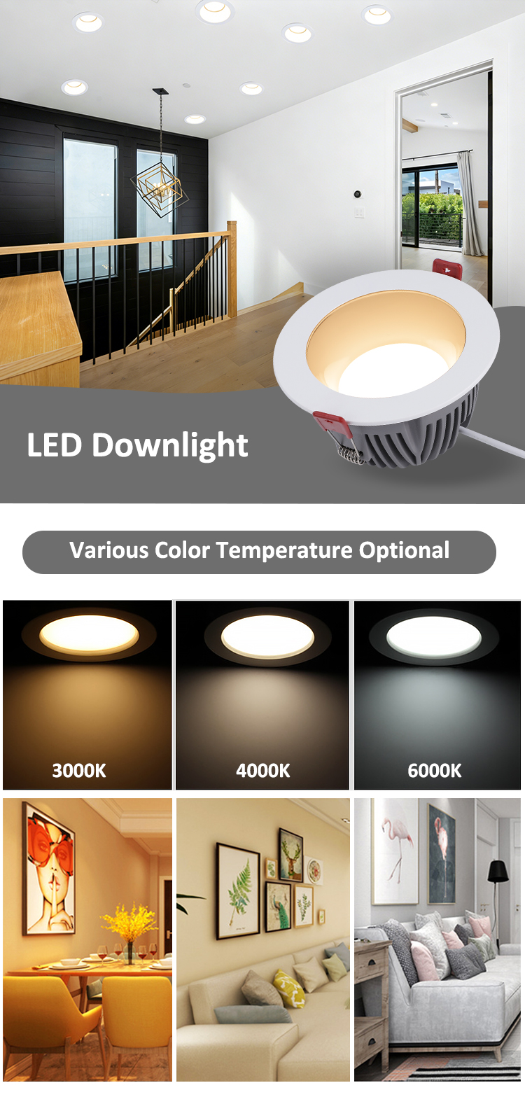 60 Degrees Anti Glare Recessed LED Downlight with CCT 3000K 4000K 6000K and CRI 90