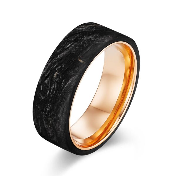 Gold Powder and Rose Gold Plated Forged Carbon Fiber Ring - Customizable Width and Size Lightweight Men's Wedding Band