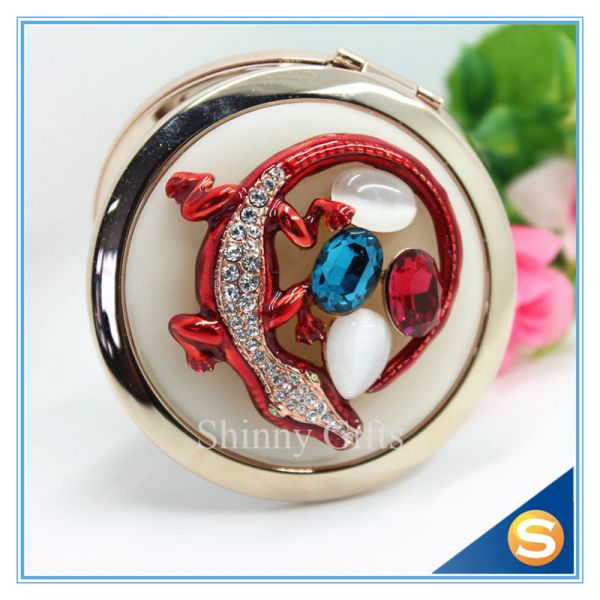 Shinny Gifts Crystal Animal Design Folding Double Side Make up Mirror Metal Compact Mirror